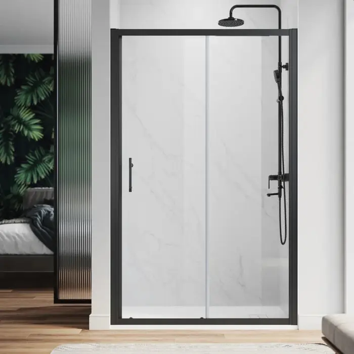 Drzwi prysznicowe wnękowe rozsuwane Easy Slider jednoskrzydłowe czarne 140x195 cm 