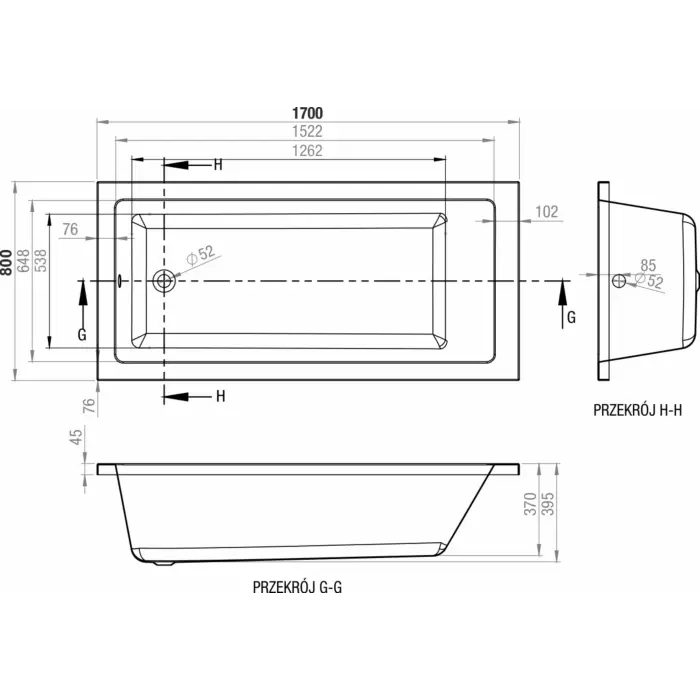 Wanna z hydromasażem prostokątna AYATA 170x80 cm