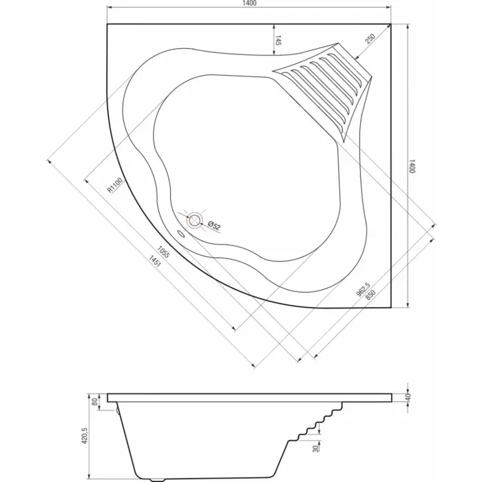 Narożna wanna z hydromasażem AVIRA 140x140 