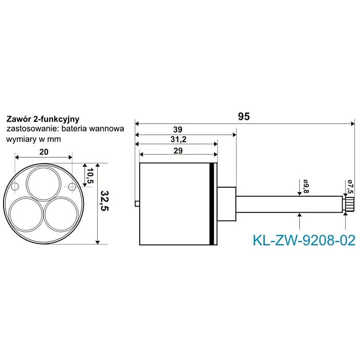 Zawór głowica ceramiczna mieszająca do baterii wannowej 32/L95 mm